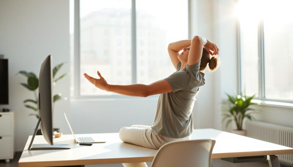 A bright, airy office scene with a modern, minimalist desk. On the desk, a person is seated, performing a series of gentle stretches - extending their arms overhead, twisting their torso, and rolling their shoulders. Soft, diffused natural light filters in through large windows, casting a warm glow across the scene. The office is sparsely decorated, with clean lines and a calming color palette. The person is wearing comfortable, casual attire, their expression one of focused relaxation as they engage in the midday movement reset. The camera angle captures a close-up view, emphasizing the desk and the person's upper body as the focal point.