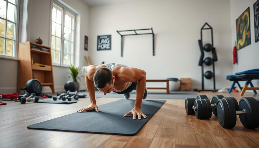 A bright, well-lit home gym with various strength training equipment scattered throughout. In the foreground, a person is performing a set of push-ups on a yoga mat, their muscles straining with effort. In the middle ground, a sturdy wooden bench sits next to a set of dumbbells of varying weights. The background features large windows letting in natural light, and a wall-mounted pull-up bar is visible. The overall scene conveys a sense of focused determination and the versatility of at-home strength training, without the need for a traditional gym setting.