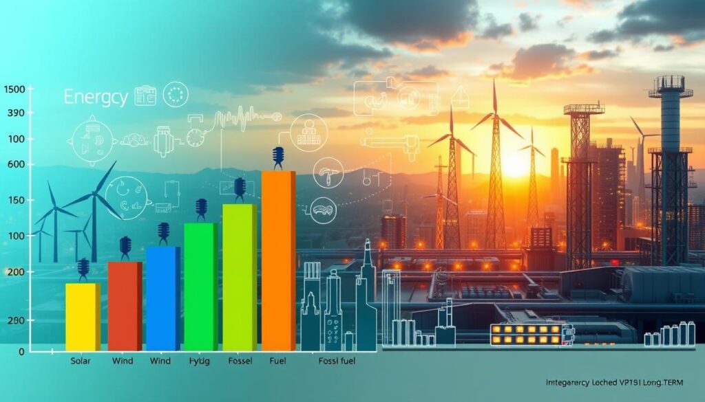 A data visualization comparing energy production methods over the long term, presented in a scientific, analytical style. In the foreground, a bar chart showcases the sustainable energy output of different systems, such as solar, wind, hydroelectric, and fossil fuels. The middle ground features technical diagrams and schematics detailing the underlying mechanisms and infrastructure. The background depicts a futuristic cityscape powered by clean, efficient energy sources, bathed in a warm, golden-hour glow. The overall mood is one of technological progress and environmental responsibility, with a focus on data-driven decision making for long-term energy solutions.