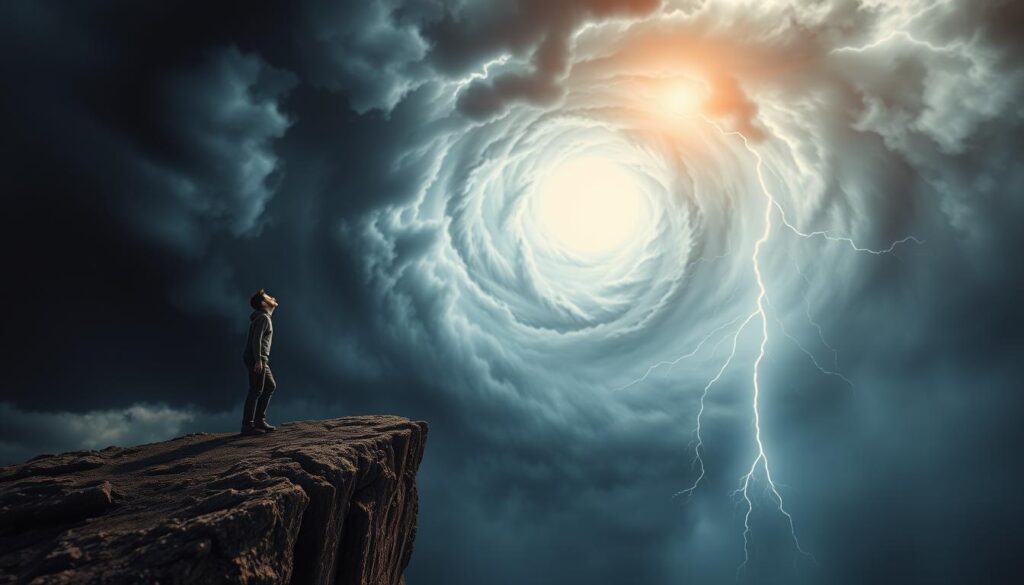 A determined individual stands at the edge of a cliff, facing a swirling vortex of dark clouds and lightning. Sunlight breaks through, illuminating their resolute expression as they take a deep breath, preparing to leap forward into the unknown. The foreground is sharply focused, while the background blurs into an ethereal, dreamlike realm, symbolizing the transition from fear to focus. The scene is captured with a wide-angle lens, emphasizing the vastness of the challenge and the courage required to overcome it. The overall mood is one of transformation, with a sense of tension and anticipation that gives way to a glimmer of hope.