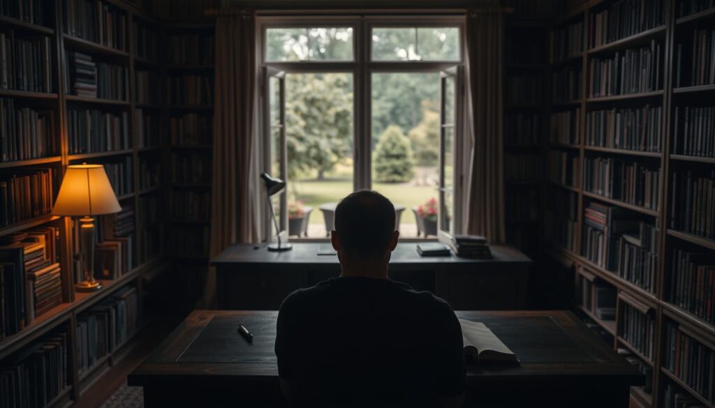 A dimly lit study with bookshelves lining the walls, a wooden desk in the center, and a large window overlooking a tranquil garden. On the desk, an open notebook and a pen, suggesting a meditative process of self-reflection. Soft, warm lighting from a desk lamp and the natural light streaming in from the window, creating a contemplative atmosphere. In the foreground, a person seated at the desk, their face in shadow, deep in thought as they seek to identify their core values. The scene conveys a sense of introspection, clarity, and the journey of self-discovery.