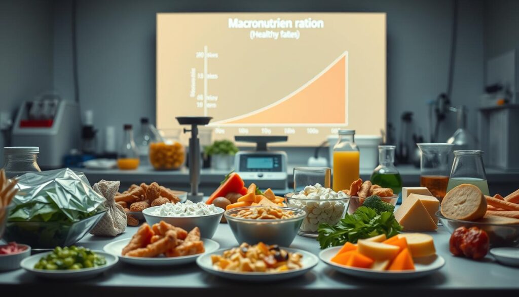 A laboratory setup with various food items, scientific equipment, and an analytical display showcasing macronutrient composition. In the foreground, a tabletop displays carefully portioned servings of different food groups - lean proteins, complex carbohydrates, and healthy fats. In the middle ground, a scale, beakers, and other measurement tools suggest an ongoing process of analysis and experimentation. The background features a large screen or display, visualizing the macronutrient ratios and their potential impact on weight management. Soft, directional lighting illuminates the scene, creating an atmosphere of scientific inquiry and nutritional optimization. The overall mood is one of precision, investigation, and the quest to unlock the secrets of effective macronutrient manipulation.