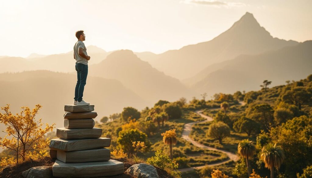 A meticulously crafted image showcasing the journey of personal progress. In the foreground, a person stands atop a series of ascending platforms, each representing a milestone achieved. The platforms are made of natural materials like wood and stone, symbolizing the solid foundation of the person's efforts. The person's posture is one of confidence and determination, their gaze fixed on the horizon. The middle ground features a lush, verdant landscape, dotted with flourishing trees and meandering pathways. This verdant setting represents the growth and flourishing that accompanies the individual's progress. Warm, golden sunlight filters through the scene, casting a tranquil, uplifting atmosphere. In the background, a majestic mountain range rises, its peaks piercing the sky. This dramatic landscape signifies the ambitious goals and challenges the person has overcome, the summit yet to be reached. The lighting is a harmonious blend of natural, diffused sunlight and subtle, warm undertones, creating a sense of