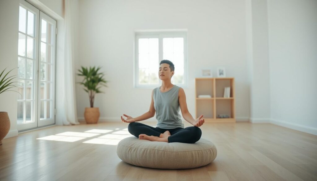 A peaceful, sunlit meditation room with clean, minimalist decor. In the foreground, a person sits in a lotus position on a plush meditation cushion, eyes closed in deep concentration. Soft natural lighting streams in through large windows, casting a warm glow on the scene. In the background, simple shelves hold a few inspiring books and trinkets. The overall atmosphere conveys a sense of tranquility and mindfulness, encouraging the viewer to explore positive mindset techniques for daily practice.