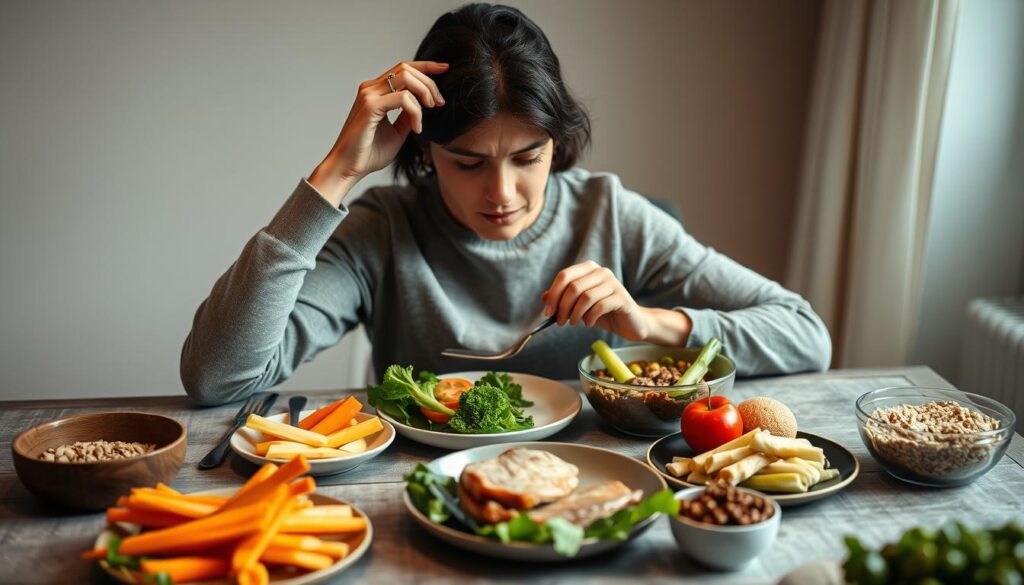A person sitting at a table, adjusting the placement of their plate, bowl, and utensils. The table is set with a variety of healthy meal components, including fresh vegetables, lean protein, and whole grains. The lighting is soft and warm, creating a cozy, focused atmosphere. The person's expression is contemplative, as they consider the optimal timing and composition of their meal to support their weight loss goals. The image conveys a sense of mindfulness and intentionality around meal planning and preparation.