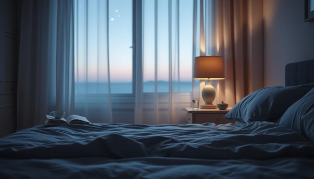 A serene bedroom at dusk, with soft, natural lighting casting a warm glow. In the foreground, a comfortable-looking bed with plush bedding in soothing tones of blue and gray. The middle ground features a nightstand with a simple, minimalist lamp, a glass of water, and a book, suggesting a tranquil, sleep-inducing atmosphere. The background showcases a window with sheer curtains, gently framing a peaceful, starry night sky. The overall mood is one of relaxation, rest, and emotional well-being.