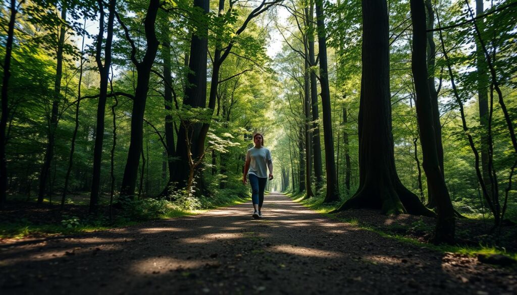 A serene forest path, dappled with sunlight filtering through the canopy. A person walking slowly, their gaze inward, steps measured and deliberate. The movement is fluid, the body relaxed, the mind calm and focused. The surroundings are lush and verdant, with towering trees and a carpet of moss underfoot. A gentle breeze rustles the leaves, creating a soothing, meditative soundscape. The lighting is soft and natural, creating a contemplative atmosphere. The camera angle is at eye level, inviting the viewer to join the solitary walker on their mindful journey through this peaceful, restorative setting.