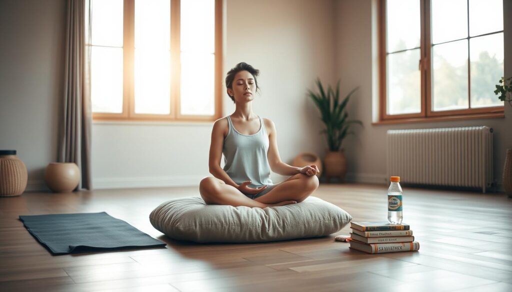 A serene, minimalist home studio. Warm, diffused natural light streams through large windows, casting a soft glow. In the foreground, a person sits cross-legged on a plush meditation cushion, eyes closed, palms resting gently on their knees. The space is uncluttered, with only essential props nearby - a yoga mat, a water bottle, and a small stack of inspirational books. Earthy tones and natural materials create a calming atmosphere, conducive to mindful introspection. The overall mood is one of tranquility, focus, and preparation for a mindful workout.