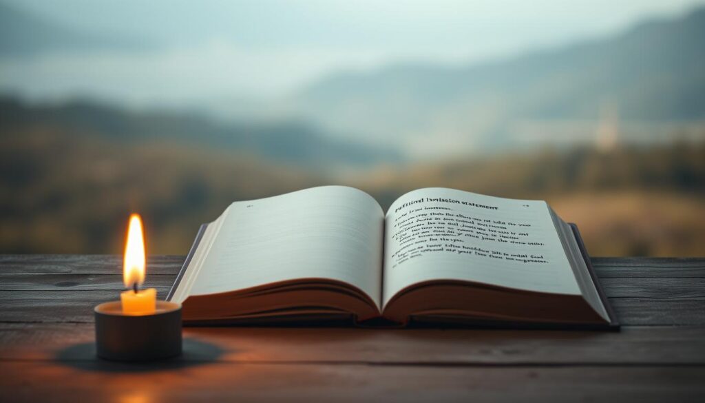 A serene, minimalist scene of defining values. In the foreground, a single candle flame flickers, its warm light casting a gentle glow. The middle ground features an open book, its pages turned to reveal a hand-written personal mission statement. The background is a tranquil, softly blurred landscape, hinting at the expansive possibilities beyond this introspective moment. Muted earth tones and natural textures create a sense of grounding and authenticity. Soft, directional lighting illuminates the scene, guiding the viewer's focus to the core elements. The overall atmosphere is one of quiet contemplation, inviting the viewer to reflect on their own path of spiritual clarity.