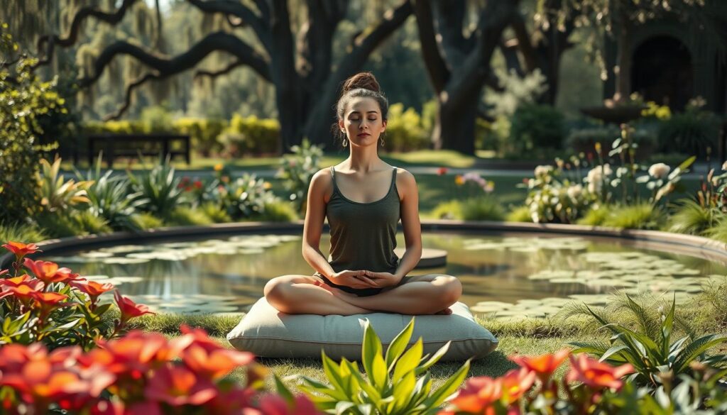 A serene, sun-dappled garden setting, with a person sitting cross-legged on a soft, plush cushion, eyes closed in deep meditation. The foreground features a variety of lush, vibrant plants and flowers, their petals gently swaying in a light breeze. In the middle ground, the meditator is surrounded by a tranquil pond, its surface reflecting the natural beauty of the scene. The background is adorned with towering trees, their branches casting a warm, diffused light over the entire composition. The overall atmosphere is one of profound calm and introspection, encouraging the viewer to pause and explore the simple yet powerful practice of mindfulness.