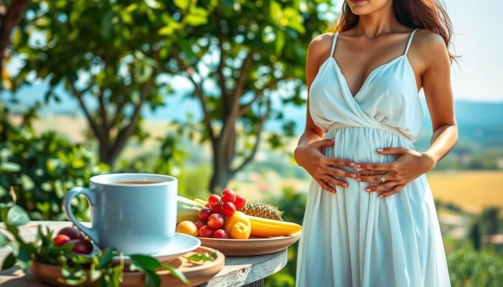 A serene, sun-dappled scene depicting the benefits of intermittent fasting for women. In the foreground, a radiant, fit woman in a flowing white dress stands in a lush, verdant garden, her hands resting on her gently toned abdomen. She exudes an aura of calm, contentment, and vibrant health. In the middle ground, a steaming mug of herbal tea and a platter of fresh, nourishing fruits and vegetables speak to the nourishing, restorative nature of this fasting lifestyle. The background is a soft, blurred panorama of rolling hills and a clear, azure sky, conveying a sense of peace, balance, and wholeness. The overall atmosphere is one of serenity, rejuvenation, and the natural beauty that can blossom from the practice of intermittent fasting.