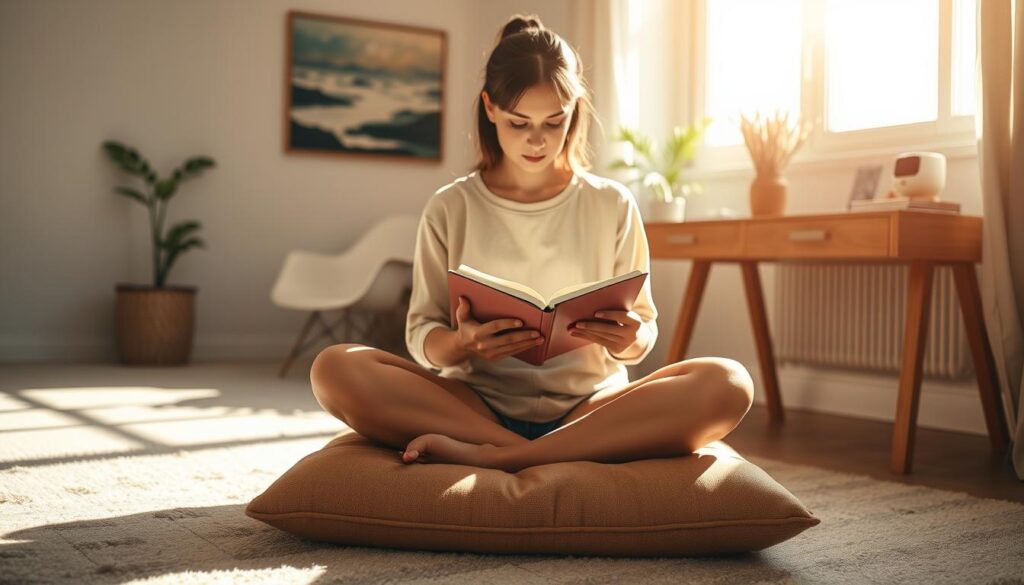 A serene, sun-dappled scene of a person engaged in a mindful journaling exercise. The foreground features a person sitting cross-legged on a plush, earthy-toned cushion, their hands resting gently on an open journal. Soft, natural lighting filters through a window, casting a warm glow and gentle shadows across the scene. The background showcases a cozy, minimalist workspace, with a wooden desk, a potted plant, and a calming landscape painting on the wall. The overall atmosphere exudes a sense of tranquility, focus, and introspection, perfectly capturing the essence of overcoming common journaling obstacles through a simple, grounding practice.