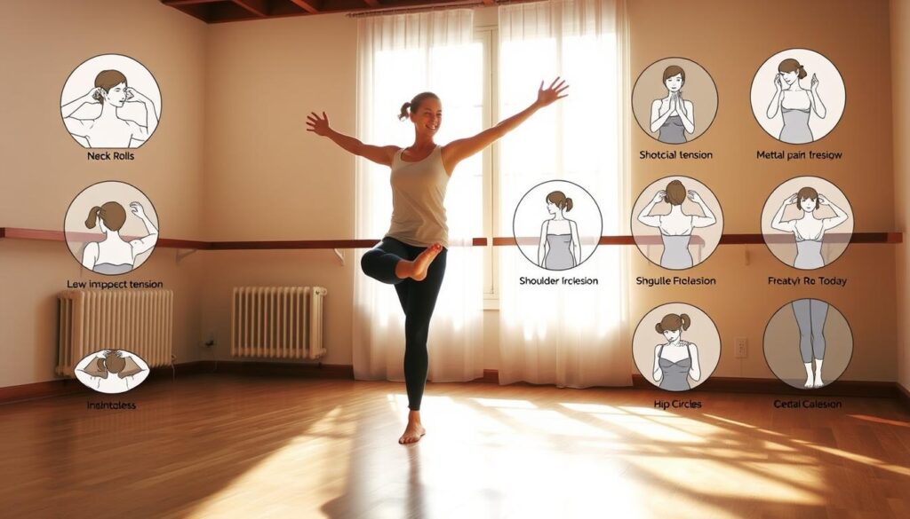 A serene, sun-dappled studio space, warm wooden floors and soft natural light. In the foreground, a person performs a gentle, flowing mobility exercise, balancing on one leg with the other extended, arms outstretched, conveying a sense of calm and release. Surrounding them, various other simple, low-impact movements are depicted, such as neck rolls, shoulder circles, and hip circles, all designed to ease muscular tension and mental stress. The overall mood is one of tranquility, mindfulness, and the rejuvenating power of gentle, intentional movement.