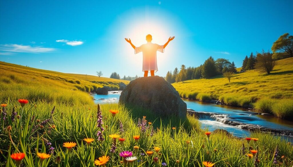 A serene, sun-drenched meadow with lush, verdant grass and vibrant wildflowers in the foreground. In the middle ground, a peaceful stream flows gently, its calming waters reflecting the azure sky. Atop a natural stone outcropping, an ethereal figure radiates a warm, golden aura, their hands extended in a gesture of tranquility and self-assurance. Soft, diffused lighting bathes the scene, creating an atmosphere of introspection and inner strength. The overall composition evokes a sense of harmony, personal empowerment, and the transformative power of positive affirmations.