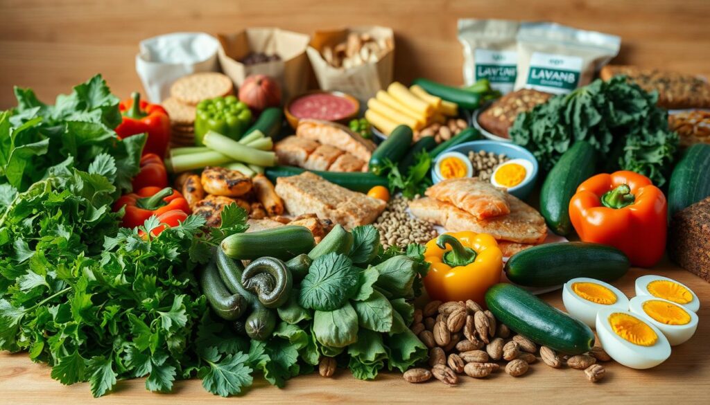 A stylish still life showcasing the variety of low-carb diet options. In the foreground, an array of fresh vegetables, including leafy greens, crisp cucumbers, and vibrant bell peppers, neatly arranged on a wooden table. In the middle ground, various proteins such as grilled chicken, seared salmon, and hard-boiled eggs, complemented by a selection of nuts and seeds. In the background, a few low-carb snacks and baked goods, like almond flour crackers and zucchini bread, add to the diverse display. The scene is illuminated by warm, natural lighting, creating a cozy, inviting atmosphere. The overall composition emphasizes the flexibility and abundance of low-carb dietary choices.