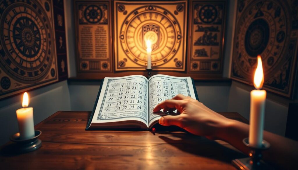 A tranquil, candlelit room with a wooden table in the center. On the table, an open book displays a detailed numerology chart, surrounded by mystical symbols and geometric patterns. The walls are adorned with astrological charts and ancient numerological manuscripts, casting a warm, contemplative glow. A single, flickering candle illuminates the scene, creating a serene, introspective atmosphere. In the foreground, a hand is carefully calculating the numeric values, seeking to uncover the profound insights of one's personal life path.
