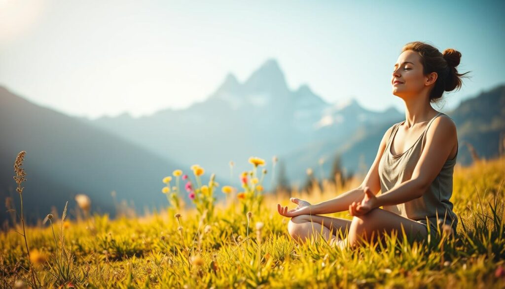 A tranquil meadow bathed in golden sunlight, with a woman in the foreground sitting cross-legged, her eyes closed in peaceful meditation. Her expression radiates serenity and inner calm. In the middle ground, vibrant wildflowers sway gently in a light breeze. In the background, a majestic mountain range stands tall, its snow-capped peaks piercing the azure sky. Soft, diffused lighting creates a warm, uplifting atmosphere, evoking a sense of positive energy and introspection.