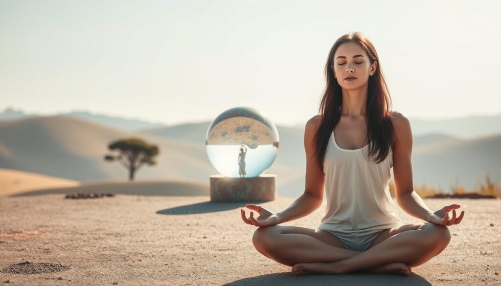 A tranquil, minimalist scene showcasing manifestation techniques. In the foreground, a serene woman sits in a lotus position, eyes closed, hands in a meditation mudra. Soft natural lighting illuminates her face, conveying an aura of focus and inner peace. In the middle ground, a large crystal ball reflects her image, symbolizing the power of visualization. The background features a calming landscape - rolling hills, a clear sky, and a lone tree on the horizon. The overall atmosphere is one of harmony, balance, and the transformative energy of manifestation.