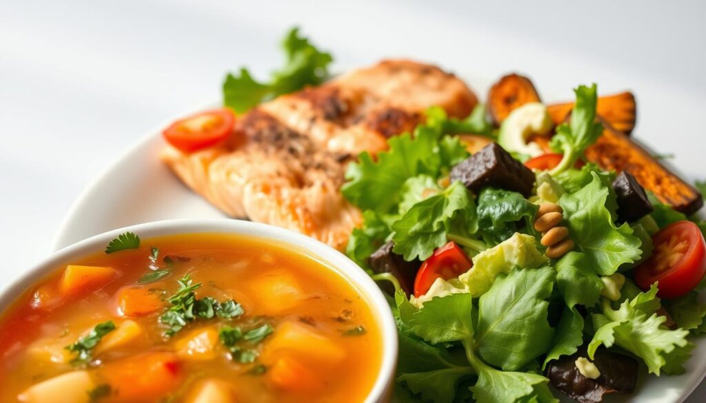 A visually appealing and appetizing OMAD (One Meal a Day) lunch plate set against a light, airy background. In the foreground, a bowl of hearty vegetable soup, steaming and garnished with fresh herbs. Alongside, a crisp, fresh salad with a variety of colorful greens, tomatoes, and a light, tangy dressing. In the middle ground, a baked salmon fillet, flaky and seasoned to perfection, accompanied by a side of roasted sweet potato wedges, their caramelized edges glistening. The scene is illuminated by soft, natural lighting, creating a sense of warmth and healthfulness. The overall composition conveys the simplicity and nutrient-density of an OMAD meal plan, suitable for weight loss and wellness.