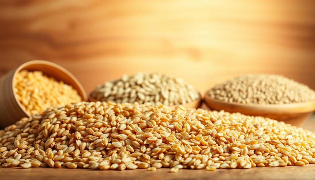 A bountiful still life showcasing a variety of whole grains against a softly-lit, natural background. In the foreground, a selection of grains - golden wheat berries, nutty brown rice, and hearty quinoa - spill across a rustic wooden surface, their textures and shapes highlighted by warm, directional lighting. In the middle ground, clusters of whole oats and millet add visual interest, while the background features a simple, uncluttered setting with earthy tones and gentle shadows, creating a calming, nourishing atmosphere. The overall composition emphasizes the inherent beauty and wholesomeness of these nutrient-dense, complex carbohydrates - the foundation of a sustainable, healthy diet.