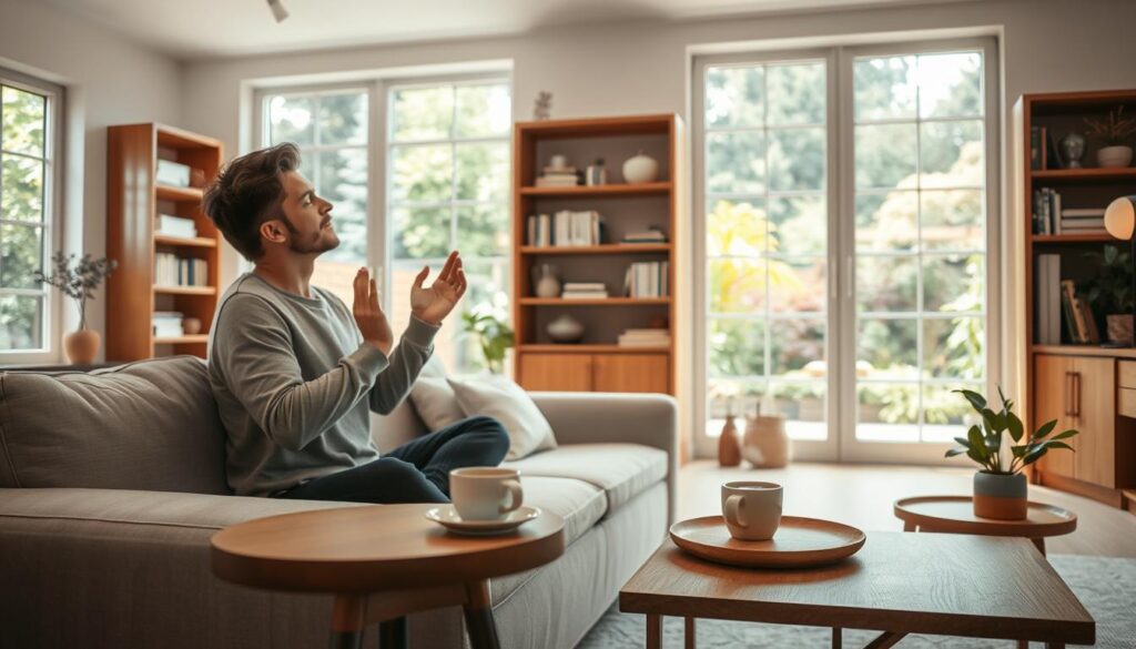 A cozy home interior with a serene, softly lit living room. In the foreground, a person relaxes on a plush, neutral-toned sofa, practicing deep breathing exercises. Nearby, a minimalist wooden side table holds a cup of herbal tea and a small potted plant. In the middle ground, bookcases line the walls, creating a sense of order and tranquility. The background features large windows overlooking a lush, verdant garden, allowing natural light to flood the space. The overall atmosphere is one of calm, introspection, and effective stress relief strategies.
