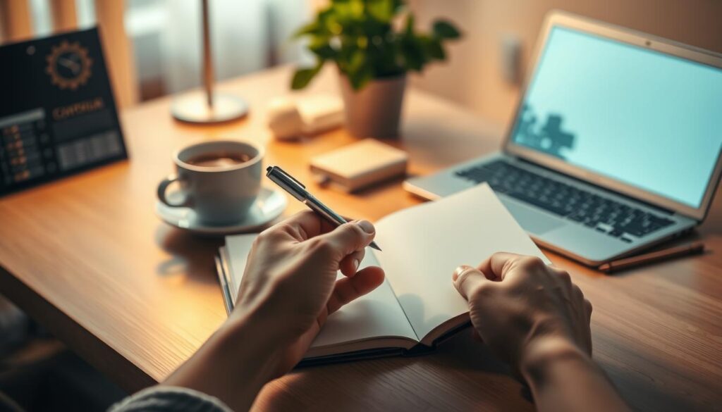 A cozy, minimalist home office setting with a wooden desk, a laptop, a cup of coffee, and a notebook open to a blank page. Warm, soft lighting illuminates the scene, creating a peaceful and contemplative atmosphere. In the foreground, a pair of hands holding a pen hovers over the notebook, ready to jot down thoughts and reflections. The middle ground features carefully organized stationery and a plant, symbolizing productivity and mindfulness. The background is blurred, creating a sense of focus and attention on the task at hand. The overall composition conveys a sense of preparation, introspection, and a moment of calm before the end-of-day review.