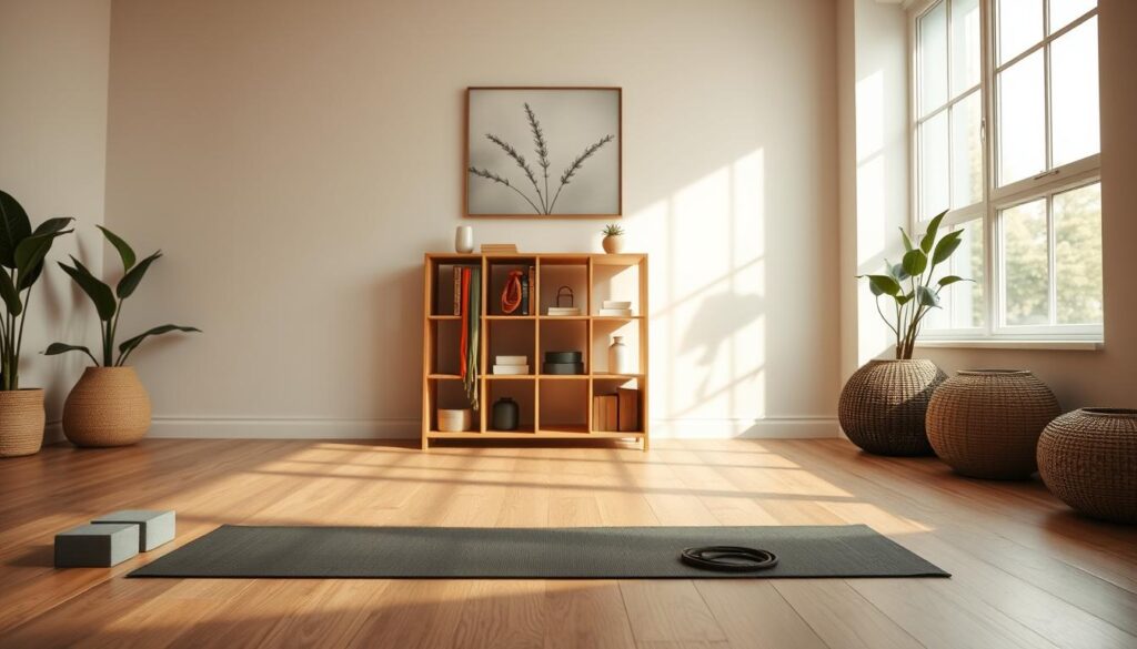 A cozy, well-lit exercise space designed for spine health. The foreground features a comfortable yoga mat and a few essential props like blocks and straps. In the middle ground, a minimalist wooden shelving unit holds neatly organized self-care items. Soft, diffused lighting from a large window casts a warm glow, creating a serene, rejuvenating atmosphere. The background showcases a neutral-toned wall adorned with nature-inspired artwork, fostering a calming, zen-like ambiance. The overall composition conveys a sense of tranquility and invites the viewer to engage in gentle, restorative movements to support a healthy, pain-free spine.