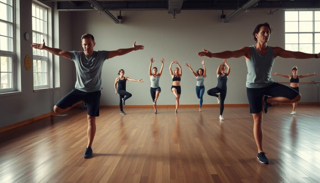 A dimly lit, spacious studio space with hardwood floors and natural light filtering in through large windows. In the foreground, two people carefully balance on one leg, their bodies aligned and focused, engaging in proprioception training exercises. In the middle ground, additional participants demonstrate various single-leg stands, reaching movements, and balance challenges, their expressions concentrated and determined. The background features minimal clutter, allowing the viewer to focus on the fitness activities. The scene conveys a sense of balance, stability, and controlled movement, perfectly suited for the &quot;Intermediate Proprioception Training for Stability section of the article.
