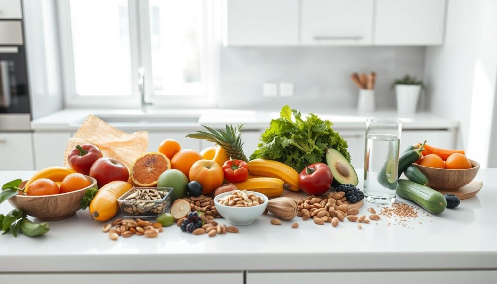A minimalist, high-key image of a clean, modern kitchen countertop. On the counter, arrange a selection of healthy, whole food recovery nutrition items such as an assortment of fruits, vegetables, nuts, seeds, and a glass of water. Utilize natural, bright lighting from a large window to create a crisp, airy atmosphere. Capture the scene from an overhead angle to showcase the arrangement in an aesthetically pleasing layout. The focus should be on the nutritious, recovery-focused ingredients, presented in a simple yet appetizing manner.