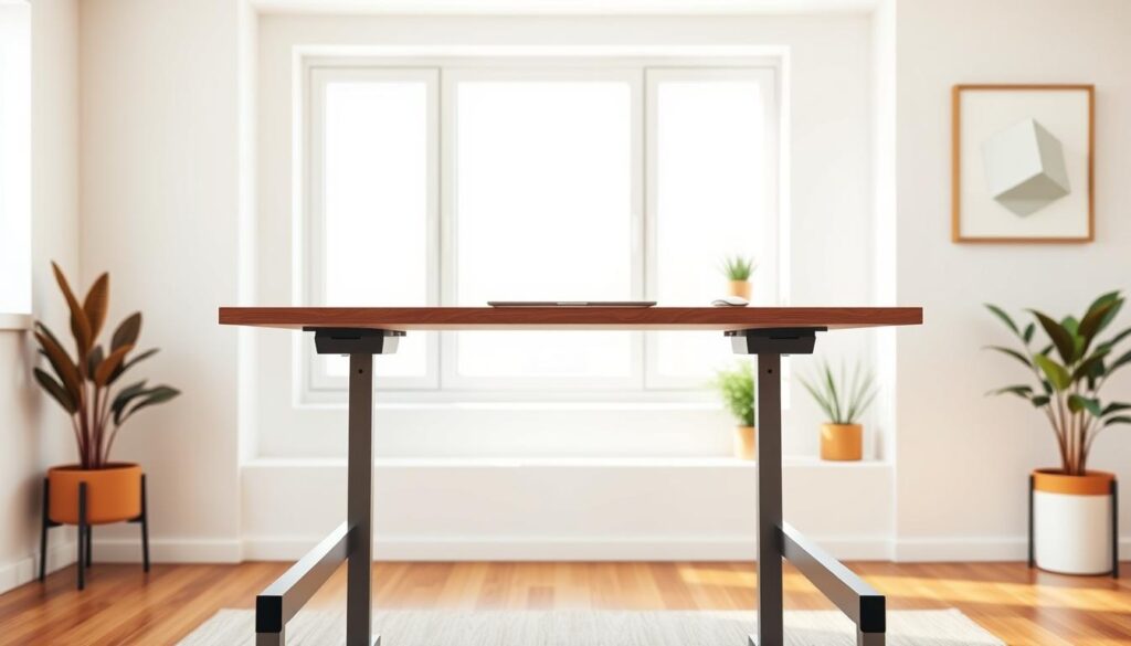 A modern, minimalist standing desk set against a warm, inviting office backdrop. The desk features a sleek, wooden surface with clean lines and a sturdy metal frame, allowing for smooth, adjustable height. The foreground showcases the desk's ergonomic design, promoting natural posture and movement. In the middle ground, a large window floods the space with soft, natural lighting, creating a calming and productive atmosphere. The background features subtle, neutral-toned walls, complemented by potted plants and a simple, geometric artwork, enhancing the sense of wellness and mindfulness within the workspace.
