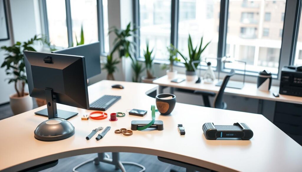 A modern, well-lit office space with a minimalist, ergonomic desk. On the desk, an array of simple desk exercise equipment - a small exercise ball, resistance bands, a small stepper, and a fitness tracker. The foreground shows a person sitting at the desk, demonstrating different exercises like shoulder rolls, leg raises, and desk pushups. The middle ground has potted plants and office accessories, creating a relaxed, productivity-focused atmosphere. The background features large windows with natural light streaming in, blurring the boundaries between indoor and outdoor spaces.