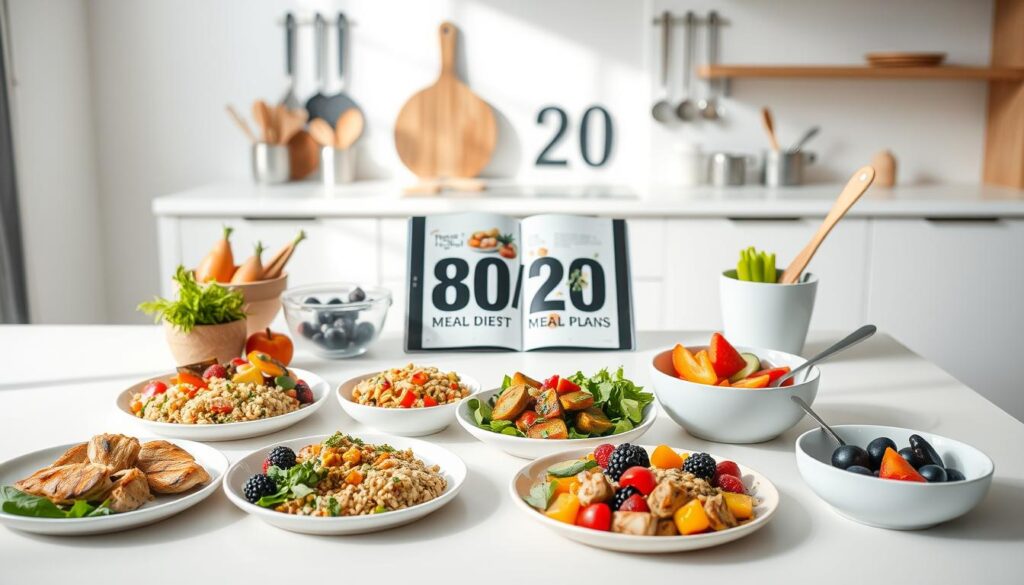 A neatly arranged collection of healthy, balanced 80/20 diet meal plan examples, captured in a bright, airy kitchen setting. In the foreground, various plates and bowls showcase wholesome ingredients like grilled chicken, quinoa, roasted vegetables, and fresh fruit. The middle ground features an open cookbook or tablet displaying additional 80/20 meal plan ideas, surrounded by measuring cups, spoons, and other cooking utensils. The background showcases a minimalist, light-filled space with clean, white walls and natural wood accents, creating a calming, inviting atmosphere. The overall composition emphasizes the simplicity and practicality of an 80/20 diet approach, with a focus on nutritious, easy-to-prepare meals.