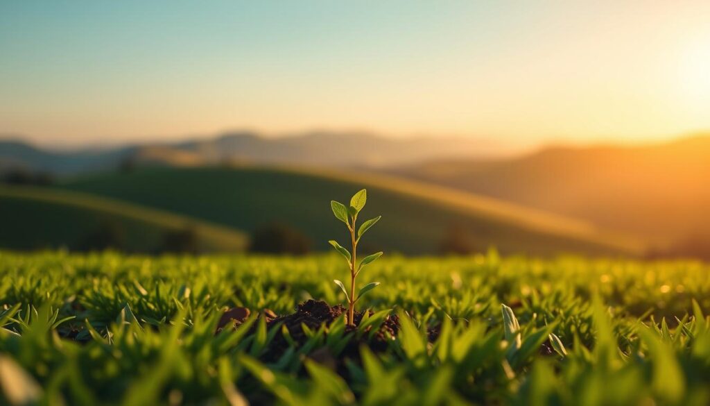 A peaceful, serene landscape with a lush, verdant field in the foreground. In the center, a young sapling emerges from the earth, its delicate leaves unfurling towards the sky. The background features rolling hills bathed in a warm, golden light, conveying a sense of growth, resilience, and positive transformation. The scene is captured with a soft, dreamlike focus, using a wide-angle lens to emphasize the expansive, hopeful atmosphere. The overall mood evokes a growth mindset - the idea that abilities can be developed through dedication and hard work, fostering a sense of wonder and possibility.