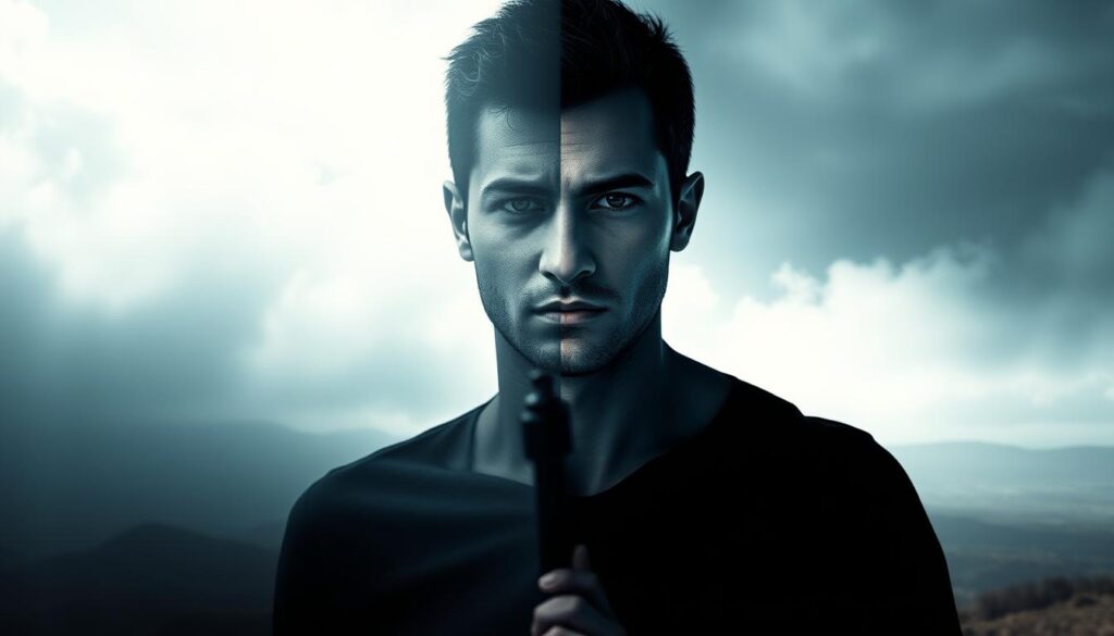 A person stands at a crossroads, their reflection split into two distinct halves. The left side is shrouded in shadows, conveying inner turmoil and self-doubt, while the right side is illuminated, radiating confidence and purpose. The figure's gaze is fixed, brow furrowed, as they contemplate the path forward, the tension between their conflicting identities palpable. The background is a dreamlike landscape, hazy and surreal, emphasizing the psychological nature of the struggle. Soft, directional lighting casts dramatic shadows, creating a sense of depth and introspection. The overall mood is one of contemplation and the desire to reconcile the fragmented self.