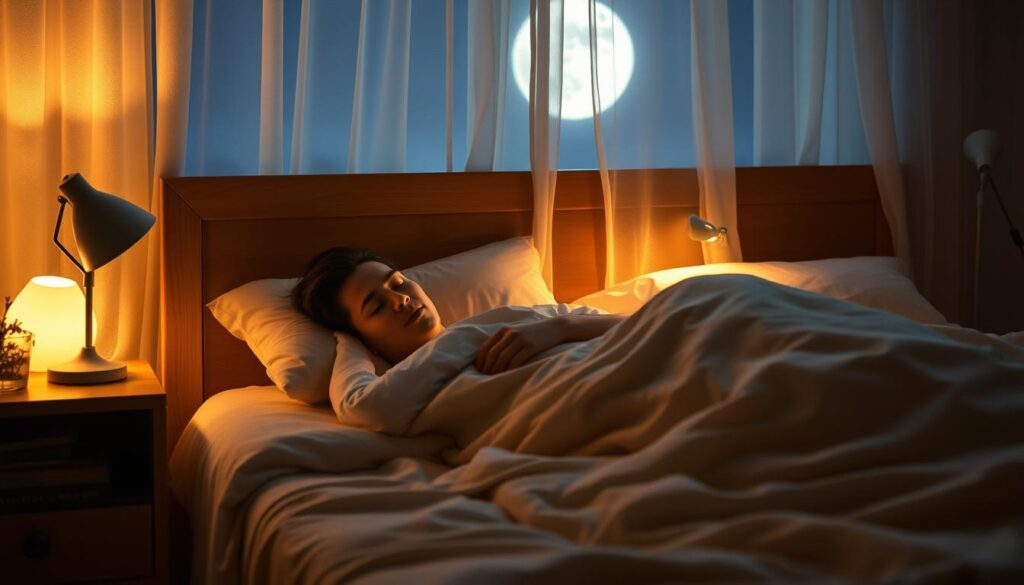 A serene bedroom scene with a person sleeping soundly in a cozy bed, surrounded by soothing, natural elements. Warm, soft lighting emanates from a bedside lamp, casting a comforting glow. Sheer curtains filter the moonlight, creating a tranquil atmosphere. On the nightstand, a glass of water and a few calming herbs or flowers suggest a focus on sleep quality improvement. The overall mood is one of peaceful rest and rejuvenation, reflecting the importance of quality sleep for metabolic health.
