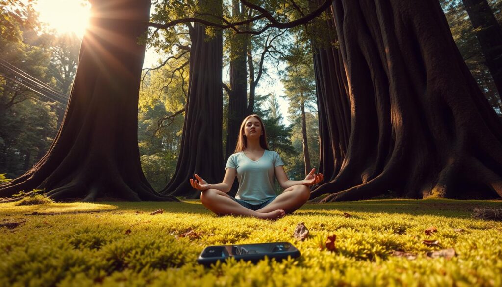 A serene digital detox scene. A person sits cross-legged in a lush forest clearing, eyes closed in meditation. The sunlight filters through the verdant foliage, casting a warm, golden glow. Surrounding them, ancient tree trunks rise up, their branches forming a natural canopy. In the foreground, a discarded smartphone lies forgotten in the soft moss. The atmosphere is one of tranquility and mindfulness, inviting the viewer to unplug, unwind, and find inner peace amidst the digital noise.