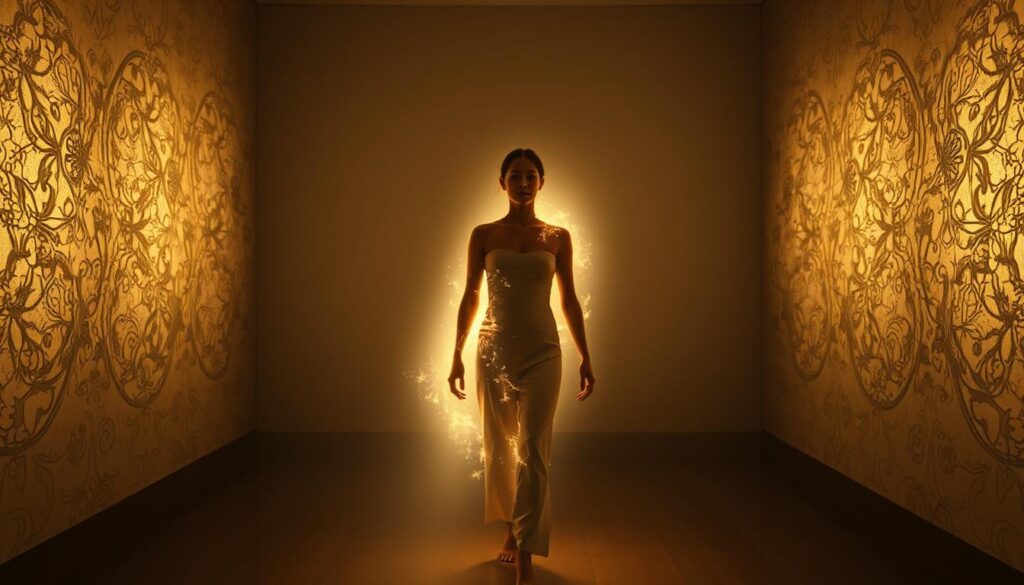 A serene, dimly lit room, the walls adorned with intricate, abstract patterns. In the center, a person stands in a contemplative pose, their body partially obscured by a shimmering, ethereal aura. The figure's features are blurred, signifying a transformation, a journey of self-discovery. Soft, ambient lighting casts a warm glow, creating an atmosphere of tranquility and introspection. The scene evokes a sense of surrender, a letting go of the old self and the embrace of a new, more authentic identity. The overall composition conveys a sense of elegance, grace, and the power of the human spirit to evolve and transcend.