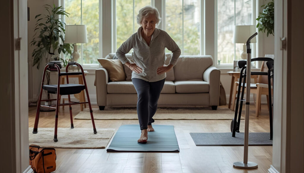 A serene indoor setting with a cozy, well-lit living room. In the foreground, an elderly person practices balance exercises on a yoga mat, their expression focused and determined. Nearby, various assistive devices like a sturdy cane, walker, and non-slip socks are neatly arranged, conveying a sense of preparedness. The middle ground features ergonomic furniture, grab bars installed in strategic locations, and soft, plush rugs to provide traction. The background showcases large windows allowing ample natural light, creating a calming, peaceful atmosphere. The overall scene radiates a sense of safety, security, and practical solutions for fall prevention in the home.