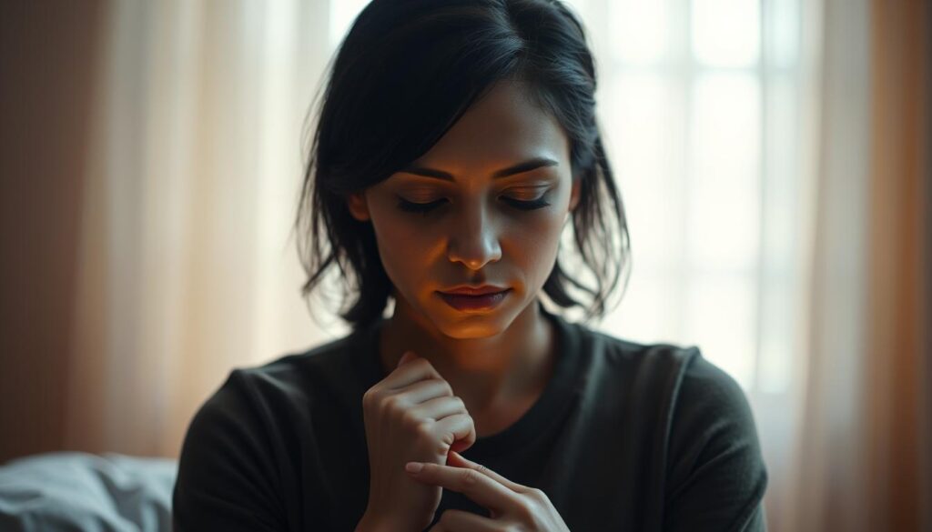 A serene, introspective portrait of a person in deep thought, surrounded by a soft, blurred background. The subject's face is illuminated by warm, diffused lighting, their eyes closed as they focus inward, conveying a sense of emotional intelligence and self-awareness. The pose is relaxed yet purposeful, with the subject's hands gently resting in their lap, suggesting a state of mindfulness and emotional resilience. The overall atmosphere is one of tranquility and contemplation, inviting the viewer to reflect on the power of emotional intelligence and its role in building personal resilience.