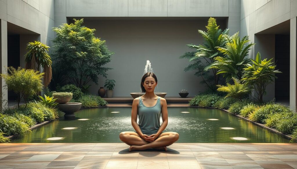 A serene meditation garden, with a central water fountain surrounded by lush greenery and soothing natural textures. In the foreground, a person sits cross-legged in a state of deep contemplation, their face reflecting an expression of calm and focus. Soft, diffused lighting illuminates the scene, creating a sense of tranquility and inner peace. The background features a minimalist, Japanese-inspired architectural design, with clean lines and natural materials that further reinforce the theme of stress reduction. The overall composition conveys a harmonious balance between the physical and the mental, inviting the viewer to find their own path to relaxation and well-being.