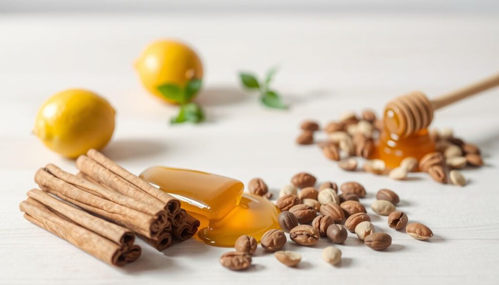 A serene, minimalist still life featuring various natural remedies for curbing sugar cravings. In the foreground, an arrangement of whole cinnamon sticks, raw honey, and a scattered handful of mixed nuts. In the middle ground, a fresh lemon and a sprig of mint, casting soft shadows. The background is a clean, bright surface with a subtle, natural texture, perhaps a wooden table or a linen cloth. The lighting is soft and diffused, creating a calming, contemplative atmosphere. The composition is balanced and visually appealing, highlighting the simplicity and efficacy of these natural strategies to overcome sugar addiction.