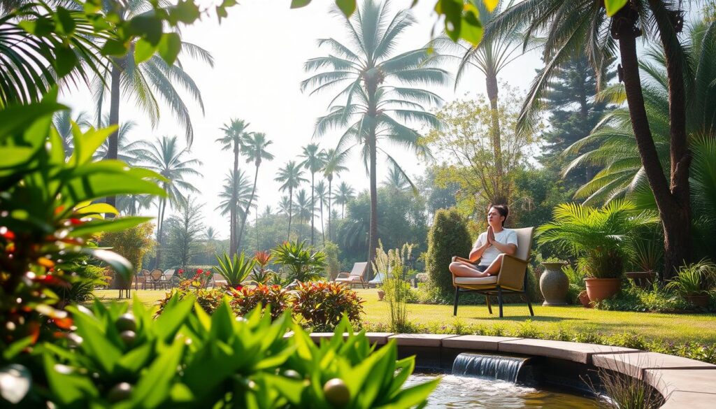 A serene, sun-dappled garden oasis, with a person seated in a comfortable chair, practicing deep breathing and mindfulness. The foreground features lush, vibrant greenery, including a small water feature with a gentle waterfall. The middle ground showcases a person in a relaxed, contemplative pose, eyes closed, hands resting on their lap. The background is filled with a mix of tall, swaying trees and a calming, pastel sky. The lighting is soft and diffused, creating a soothing, tranquil atmosphere. Captured with a wide-angle lens, the scene conveys a sense of balance, peace, and rejuvenation.
