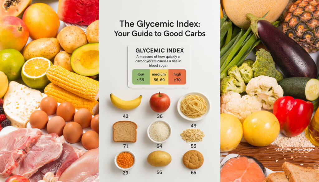 The Glycemic Index: Your Guide to Good Carbs. A simple, informative infographic showingthe glycemic index scale and its importance for healthy eating.