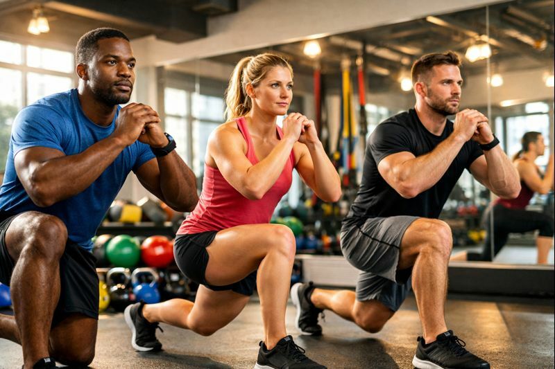 A bright and energetic fitness studio with a focus on lower body exercises. In the foreground, a diverse group of three individuals in professional athletic attire, such as fitted t-shirts and shorts, are performing a variety of lower body exercises like squats and lunges. Their expressions show concentration and determination. In the middle ground, colorful gym equipment, like kettlebells and resistance bands, is neatly arranged, suggesting a high-intensity workout setting. The background features large mirrors reflecting the dynamic atmosphere, with natural light filtering through windows, creating a warm ambiance. The angle is slightly low, emphasizing the action and energy of the exercises, evoking a motivating and empowering mood, perfect for illustrating a serious fitness topic. A bright and energetic fitness studio with a focus on lower body exercises. In the foreground, a diverse group of three individuals in professional athletic attire, such as fitted t-shirts and shorts, are performing a variety of lower body exercises like squats and lunges. Their expressions show concentration and determination. In the middle ground, colorful gym equipment, like kettlebells and resistance bands, is neatly arranged, suggesting a high-intensity workout setting. The background features large mirrors reflecting the dynamic atmosphere, with natural light filtering through windows, creating a warm ambiance. The angle is slightly low, emphasizing the action and energy of the exercises, evoking a motivating and empowering mood, perfect for illustrating a serious fitness topic.