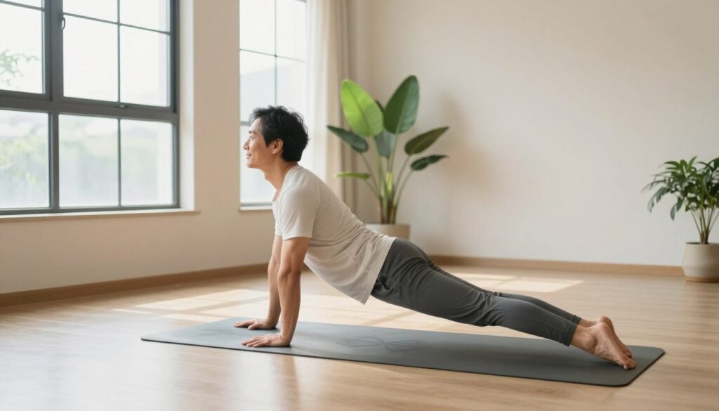 A bright, serene yoga studio with soft natural light filtering through large windows, creating a calming atmosphere. In the foreground, a person wearing comfortable, modest athletic wear demonstrates hip flexor stretches on a yoga mat, with a gentle smile reflecting focus and determination. The individual, a middle-aged Asian male, is gracefully performing the lizard pose, stretching deep into the hip flexors. In the middle ground, a few potted plants add a touch of nature, complementing the peaceful vibe. In the background, minimalist decor and light-colored walls emphasize the cleanliness and tranquility of the space. The angle of the shot is slightly elevated, capturing both the stretch and the environment, evoking a sense of relaxation and readiness for a mobility routine.