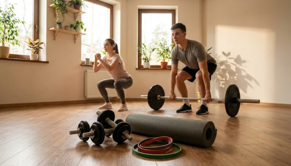 A cozy home gym setup illustrating a beginner's strength training program. In the foreground, a diverse range of exercise equipment, including dumbbells, a resistance band, and a yoga mat, neatly arranged on a wooden floor. The middle ground features a young man and woman, dressed in modest athletic wear, demonstrating proper form for a deadlift and a squat, offering a clear example of foundational weightlifting movements. The background shows a well-lit room with large windows allowing natural light to flood in, enhancing the warm, motivational atmosphere. Soft shadows cast on the walls give depth, while vibrant green plants add a touch of freshness. The image conveys a sense of empowerment and commitment to fitness, perfect for inspiring beginners.