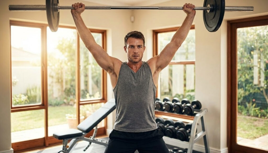 A focused view of a male athlete executing the overhead press technique in a bright, home gym setting. In the foreground, the athlete, dressed in a fitted gray tank top and black training shorts, showcases proper posture as he lifts a barbell overhead, arms fully extended with a strong grip. The middle ground features gym equipment like a weight bench and dumbbells, while the background shows large windows allowing natural light to pour in, illuminating the space. The scene captures the essence of strength training, emphasizing muscle engagement and stability. The lighting is soft yet bright, creating an encouraging and motivating atmosphere that highlights the determination in the athlete's expression, conveying the spirit of strength and dedication.