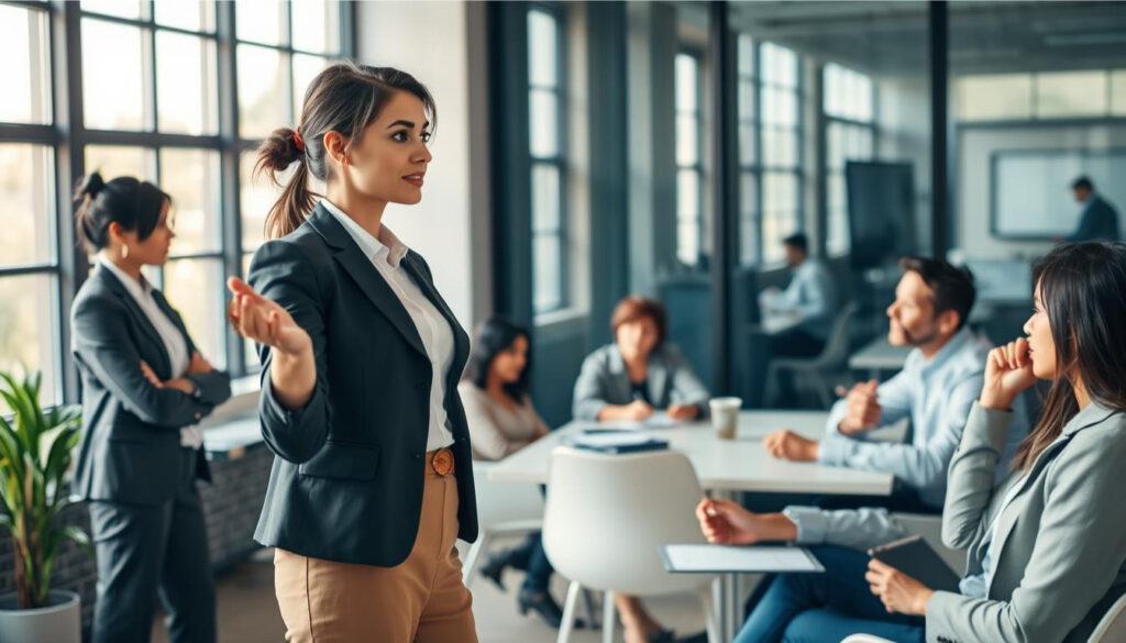 A modern office setting depicting a diverse group of professionals engaged in assertiveness training. In the foreground, a confident woman in professional attire stands, gesturing assertively while making eye contact, embodying strength and clarity. To the side, a man in business casual attire leans in, listening intently, capturing the dynamic of respectful communication. In the middle ground, a small group of participants sits around a conference table, taking notes and nodding in agreement, illustrating shared understanding and engagement. The background features large windows allowing soft natural light to filter in, creating a warm, inviting atmosphere. The overall mood is one of empowerment and collaboration, with a focus on setting boundaries while fostering mutual respect among colleagues.