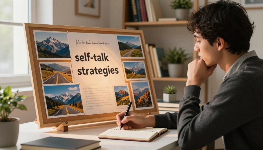 A professional, serene workspace encapsulates the concept of "self-talk strategies" for visualization. In the foreground, a person, dressed in smart casual attire, sits thoughtfully at a desk, pen in hand, journaling their goals. The midground features a vision board filled with vibrant images of success: mountains, a finish line, and peaceful landscapes. A soft, warm light illuminates the scene, creating a calming atmosphere, with gentle shadows cascading from a nearby window. In the background, shelves filled with motivational books and plants add a touch of life. The overall mood is reflective and inspiring, emphasizing the power of positive self-talk and visualization techniques in overcoming fear. The perspective is slightly angled to capture both the individual and the vision board, drawing the viewer into this empowering moment. A professional, serene workspace encapsulates the concept of "self-talk strategies" for visualization. In the foreground, a person, dressed in smart casual attire, sits thoughtfully at a desk, pen in hand, journaling their goals. The midground features a vision board filled with vibrant images of success: mountains, a finish line, and peaceful landscapes. A soft, warm light illuminates the scene, creating a calming atmosphere, with gentle shadows cascading from a nearby window. In the background, shelves filled with motivational books and plants add a touch of life. The overall mood is reflective and inspiring, emphasizing the power of positive self-talk and visualization techniques in overcoming fear. The perspective is slightly angled to capture both the individual and the vision board, drawing the viewer into this empowering moment.