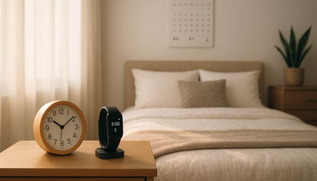 A serene and organized bedroom space highlighting the concept of sleep and exercise timing. In the foreground, a bedside clock shows 10 PM, and a cozy bed with soft, inviting blankets is neatly made. On a nearby nightstand, a fitness tracker displays a daily step count, symbolizing the integration of exercise with sleep. The middle ground features a calendar on the wall with marked dates for both workout sessions and sleep schedules, emphasizing planning. In the background, soft, natural light filters through sheer curtains, creating a calm and peaceful mood. The overall atmosphere is one of tranquility and motivation, blending the importance of restful sleep and regular exercise. The composition should convey an inviting yet productive space, ideal for promoting wellness.
